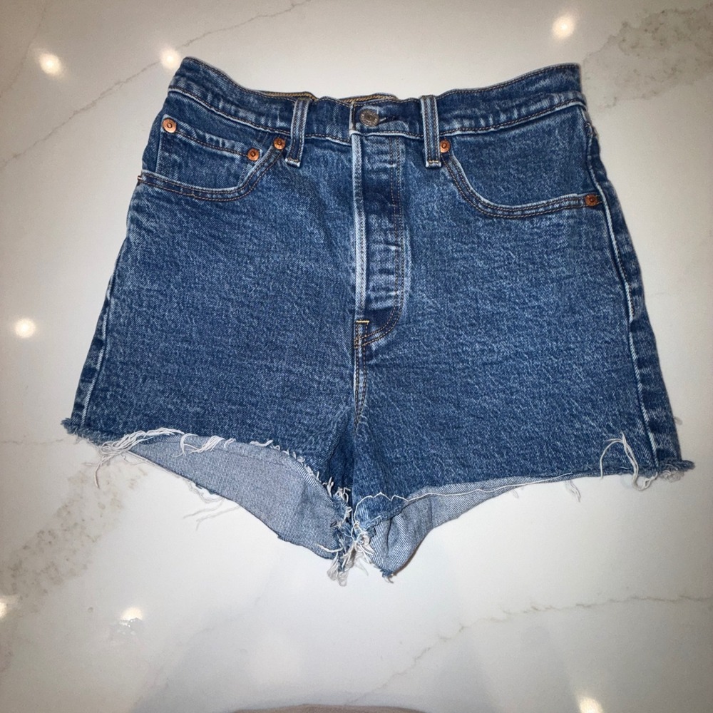 Levis Premium Ribcage Shorts Womens 27 Medium Wash High Rise Denim Cut Offs